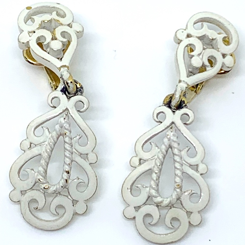 Vintage Trifari White Enamel Damask Drop Earrings